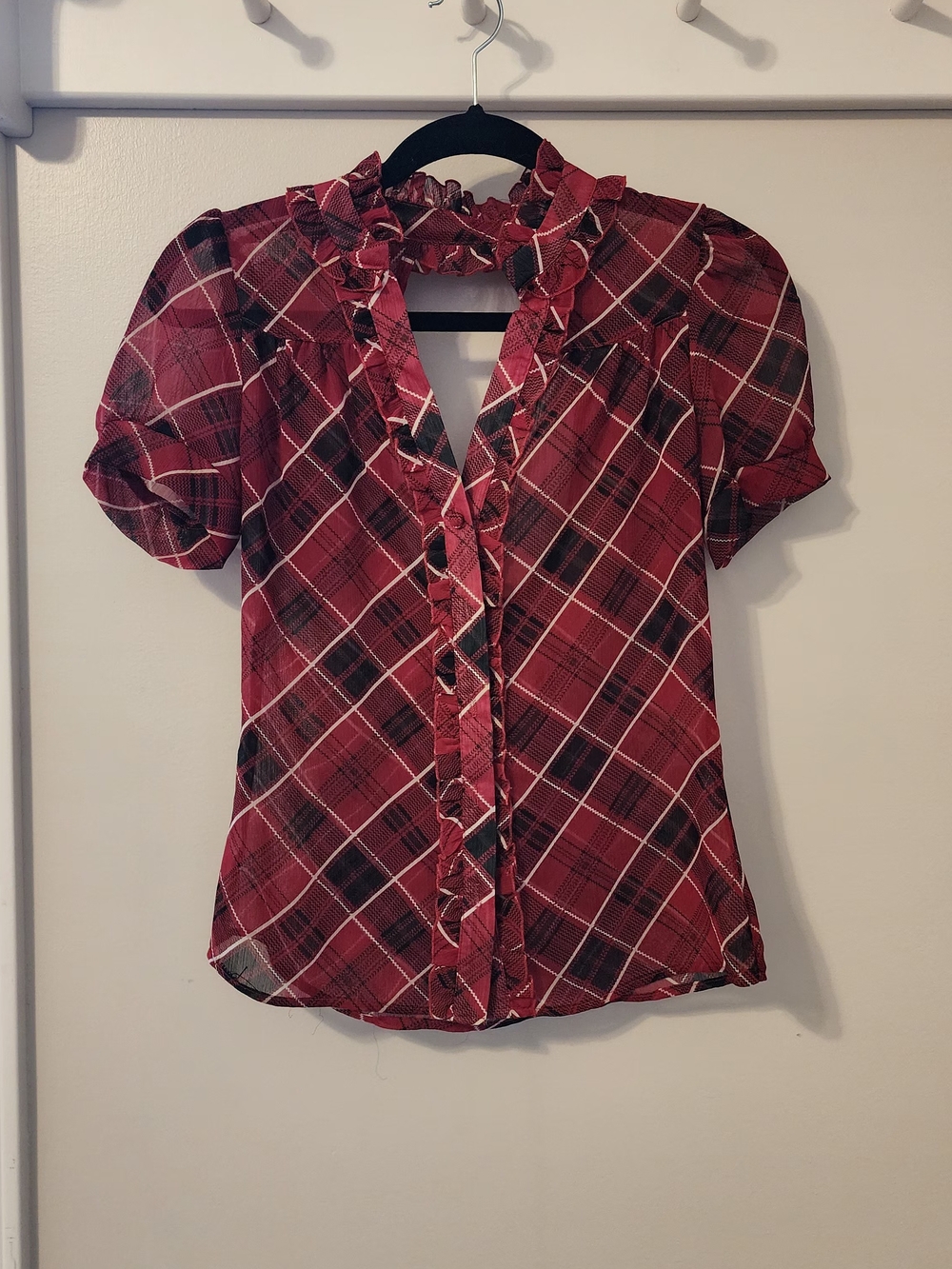 Windsor Button Down Plaid Ruffle Blouse Size Small, Gently Used